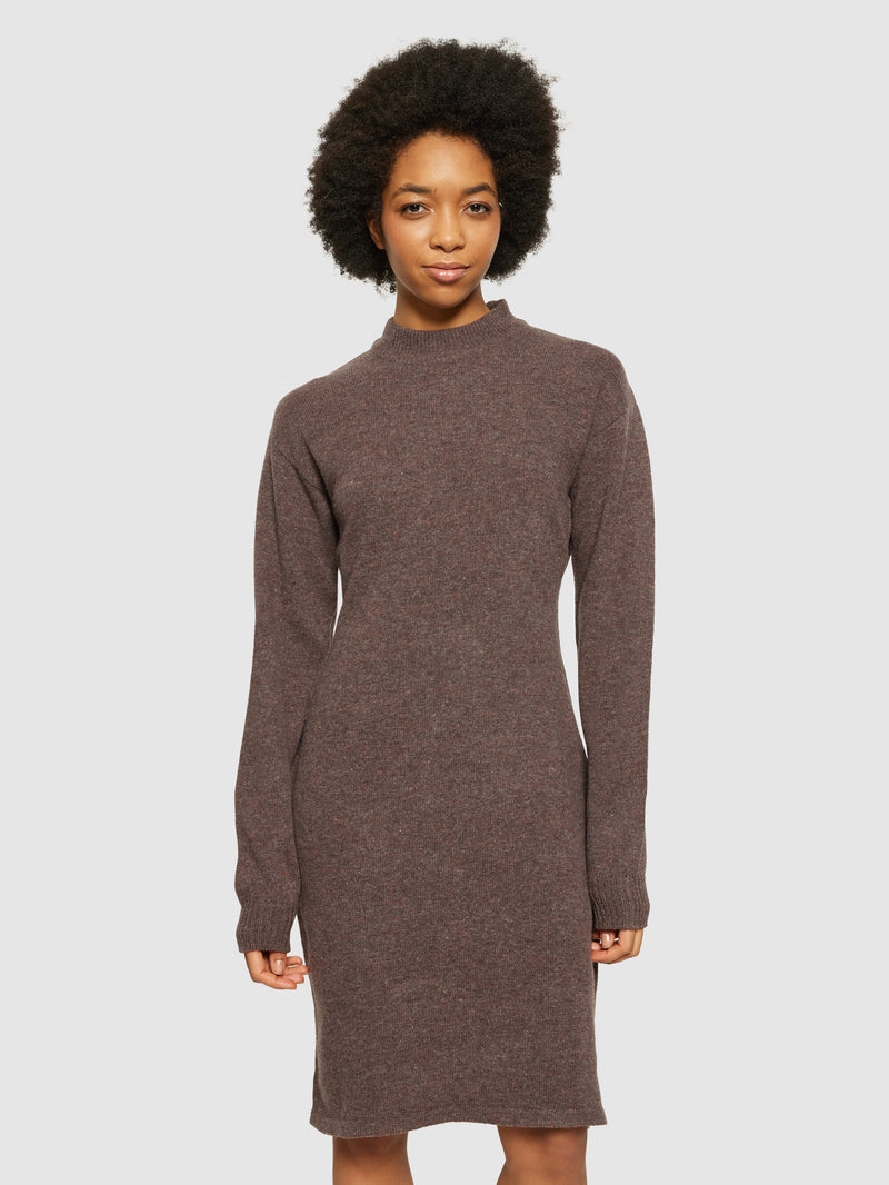 KnowledgeCotton Apparel - WMN Wool crew neck mid length dress Dresses 1243 Demitasse (brown)