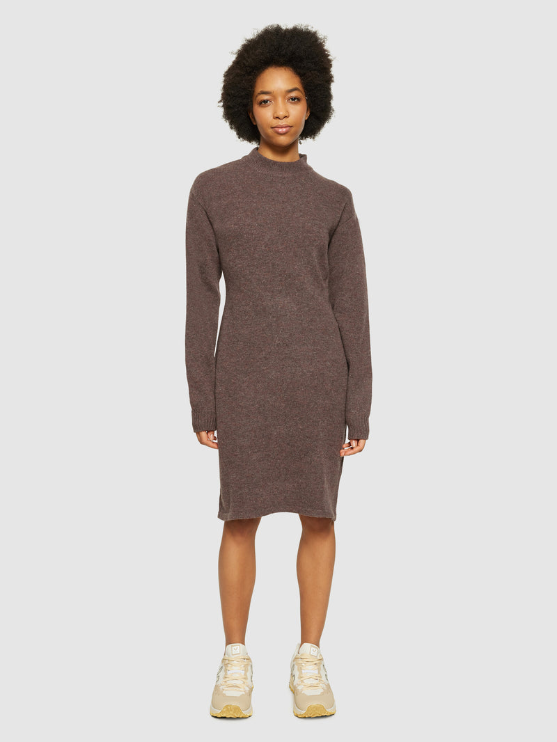 KnowledgeCotton Apparel - WMN Wool crew neck mid length dress Dresses 1243 Demitasse (brown)