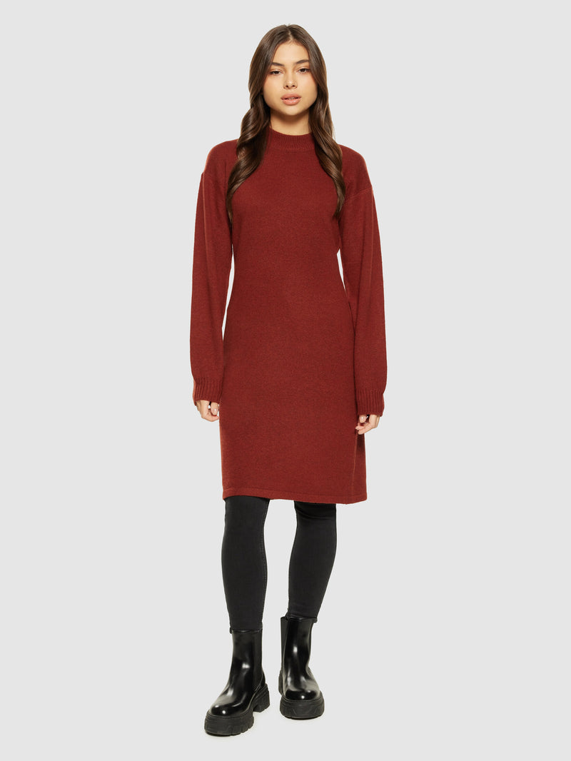 KnowledgeCotton Apparel - WMN Wool crew neck mid length dress Dresses 1478 Fired Brick