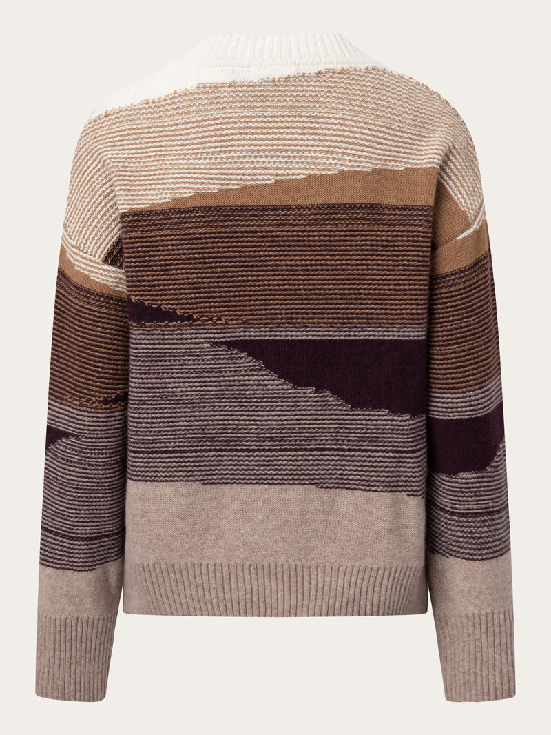 KnowledgeCotton Apparel - WMN Wool landscape pattern v-neck knit Knits 9926 Brown AOP