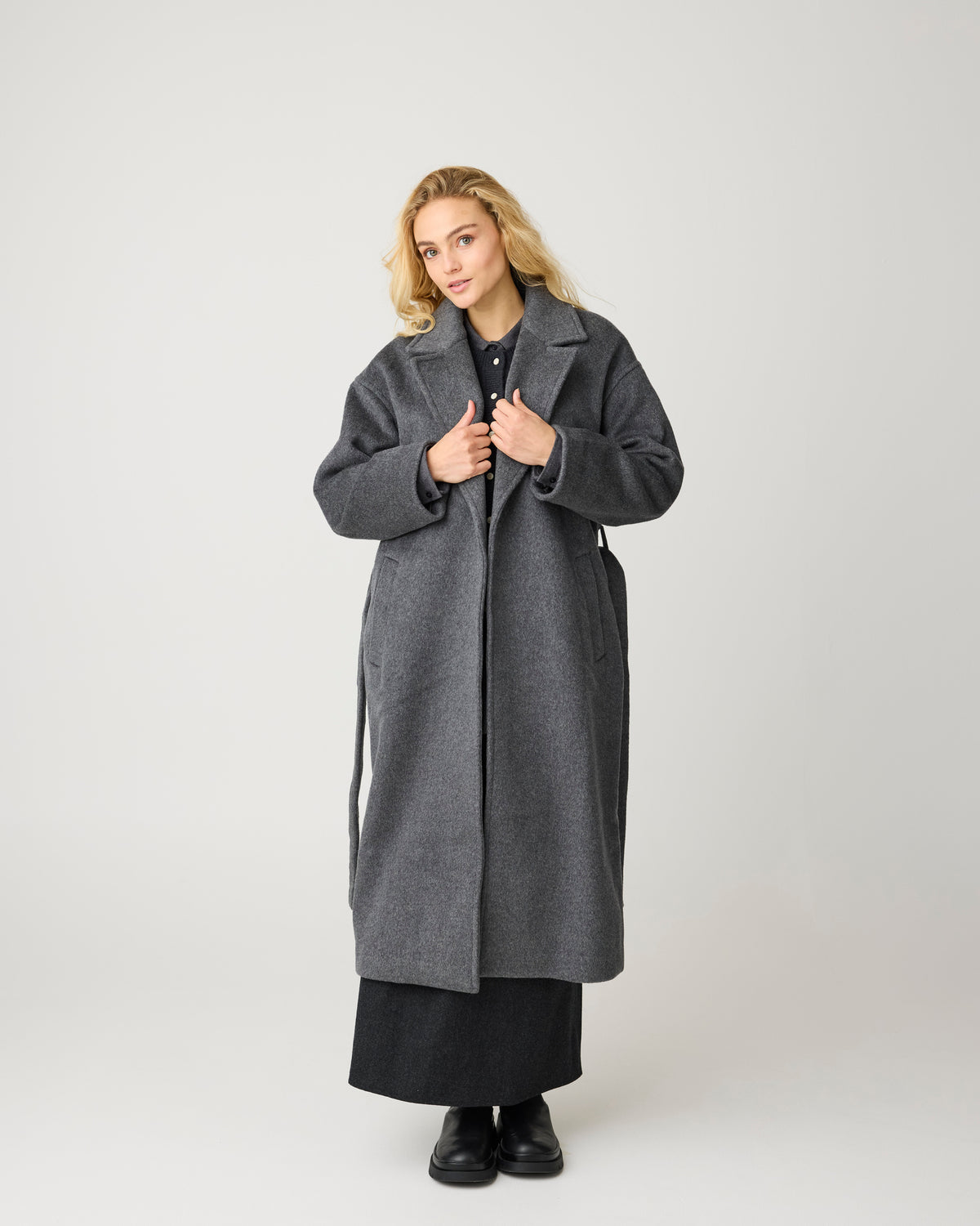KnowledgeCotton Apparel - WMN Wool lapel coat Jackets 1073 Dark Grey Melange