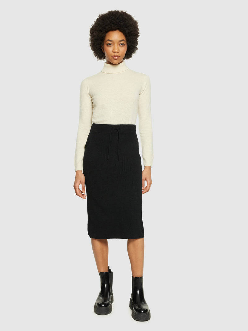 KnowledgeCotton Apparel - WMN Wool midth lengt rib knit skirt Skirts 1300 Black Jet