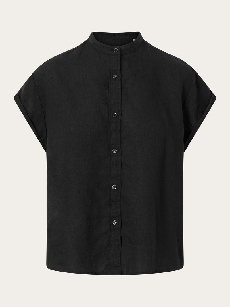 KnowledgeCotton Apparel - WMN Collar stand short sleeve linen shirt Shirts 1300 Black Jet