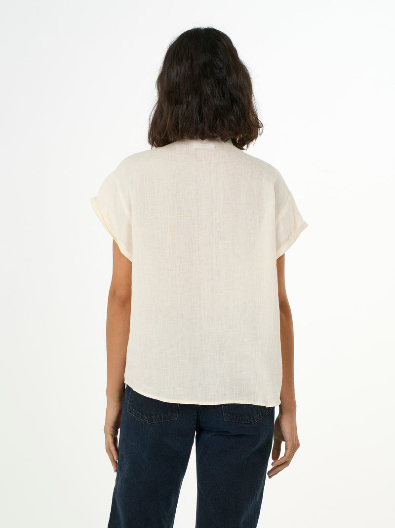 KnowledgeCotton Apparel - WMN Collar stand short sleeve linen shirt Shirts 1348 Buttercream