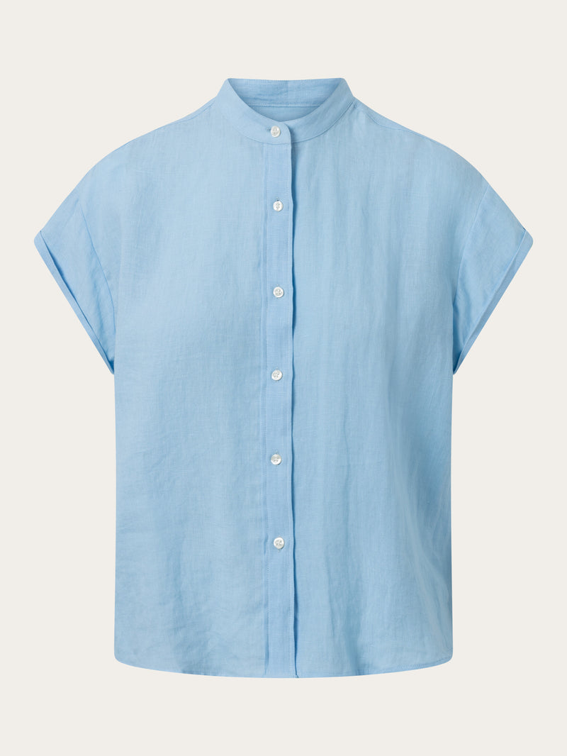 KnowledgeCotton Apparel - WMN Collar stand short sleeve linen shirt Shirts 1377 Airy Blue