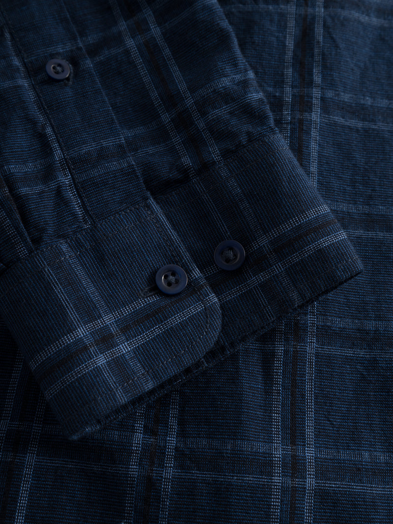 KnowledgeCotton Apparel - MEN Costum fit checked linen shirt Shirts 7001 Navy check
