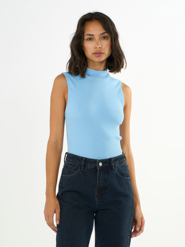 KnowledgeCotton Apparel - WMN High neck rib top T-shirts 1377 Airy Blue