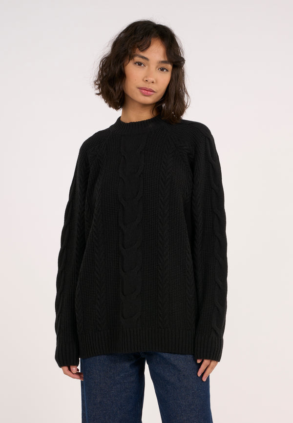 KnowledgeCotton Apparel - WMN Lambswool cable crew neck knit Knits 1300 Black Jet