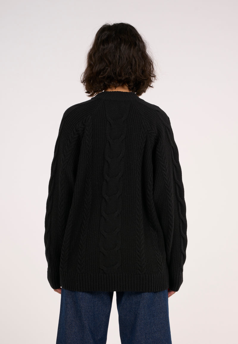 KnowledgeCotton Apparel - WMN Lambswool cable crew neck knit Knits 1300 Black Jet