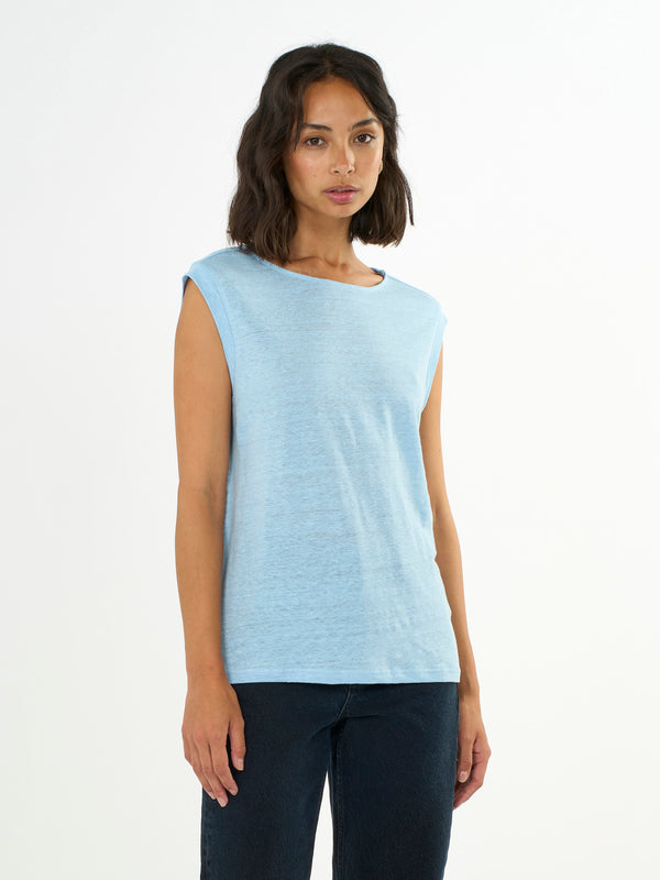 KnowledgeCotton Apparel - WMN Loose fold up linen t-shirt T-shirts 1377 Airy Blue