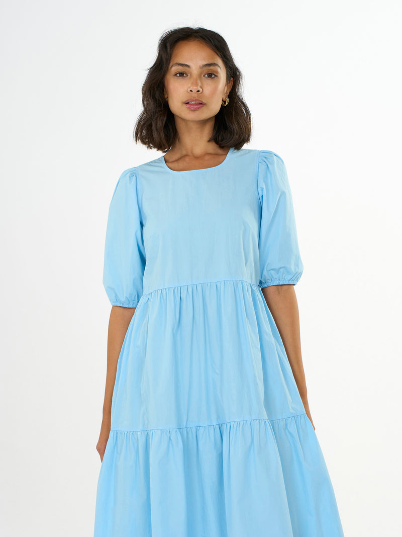 KnowledgeCotton Apparel - WMN Puff sleeve poplin dress Dresses 1377 Airy Blue