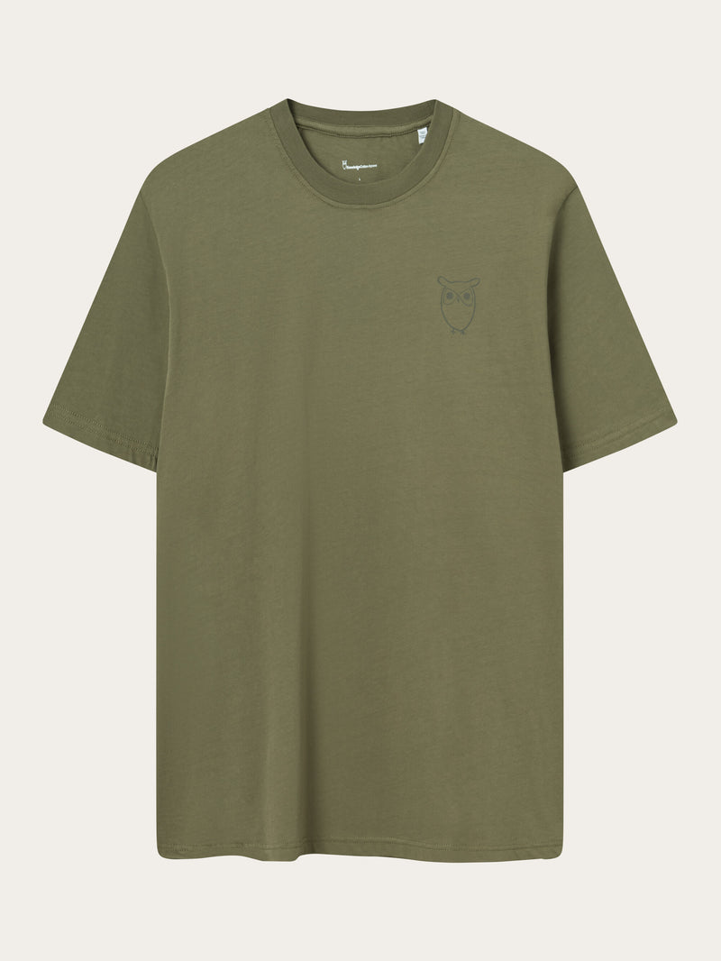 KnowledgeCotton Apparel - MEN Regular owl chest print t-shirt T-shirts 1068 Burned Olive