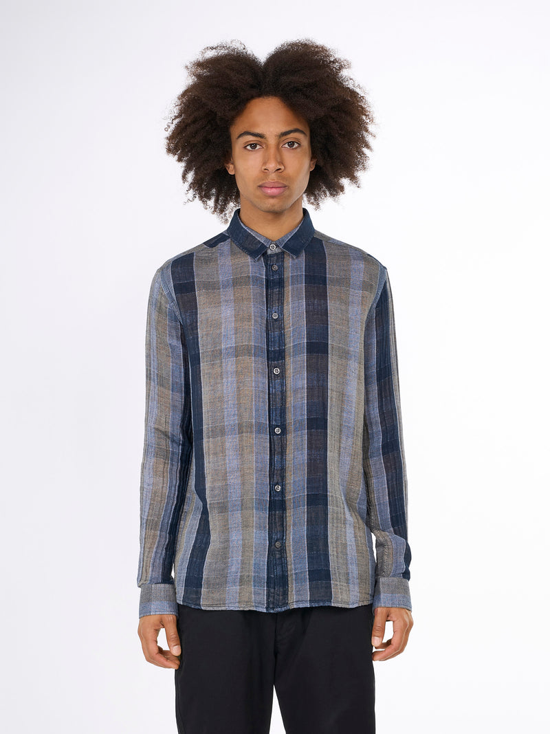 KnowledgeCotton Apparel - MEN Relaxed double layer striped shirt Shirts 8003 Stripe - navy