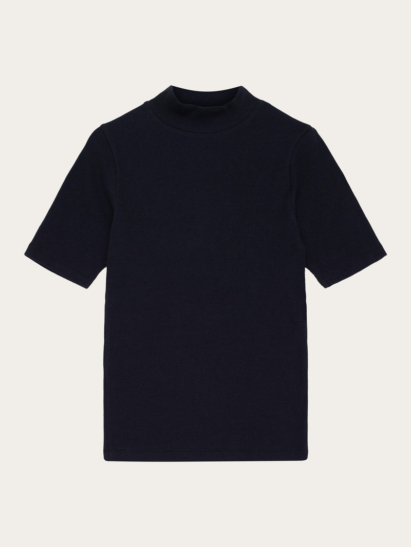 KnowledgeCotton Apparel - WMN Rib high neck SS T-shirts 1300 Black Jet