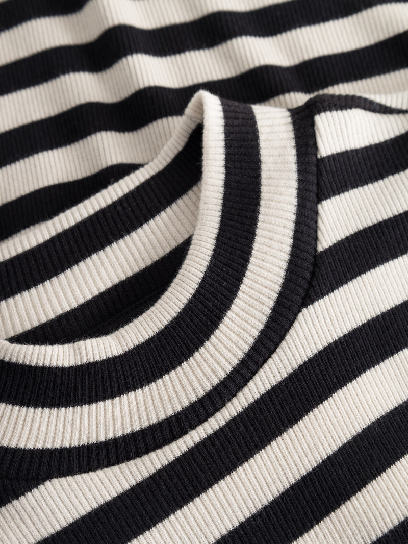 KnowledgeCotton Apparel - WMN Striped high neck rib top T-shirts 8004 Stripe - black/white