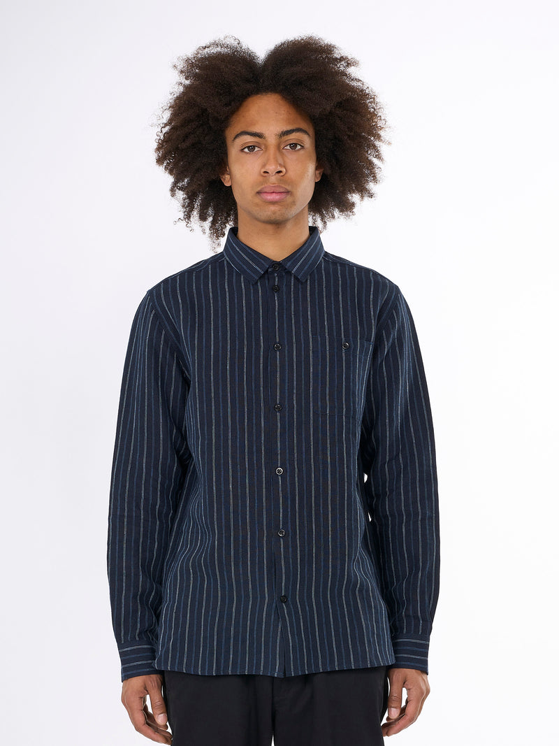 KnowledgeCotton Apparel - MEN Striped linen custom fit shirt Shirts 8003 Stripe - navy