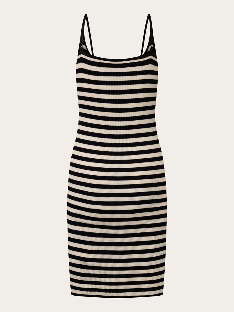 KnowledgeCotton Apparel - WMN Striped rib strap dress Dresses 8004 Stripe - black/white