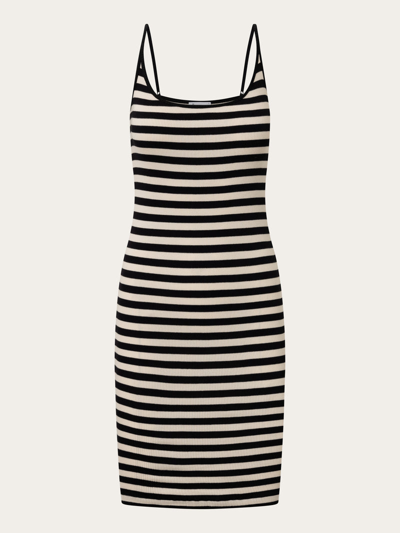 KnowledgeCotton Apparel - WMN Striped rib strap dress Dresses 8004 Stripe - black/white