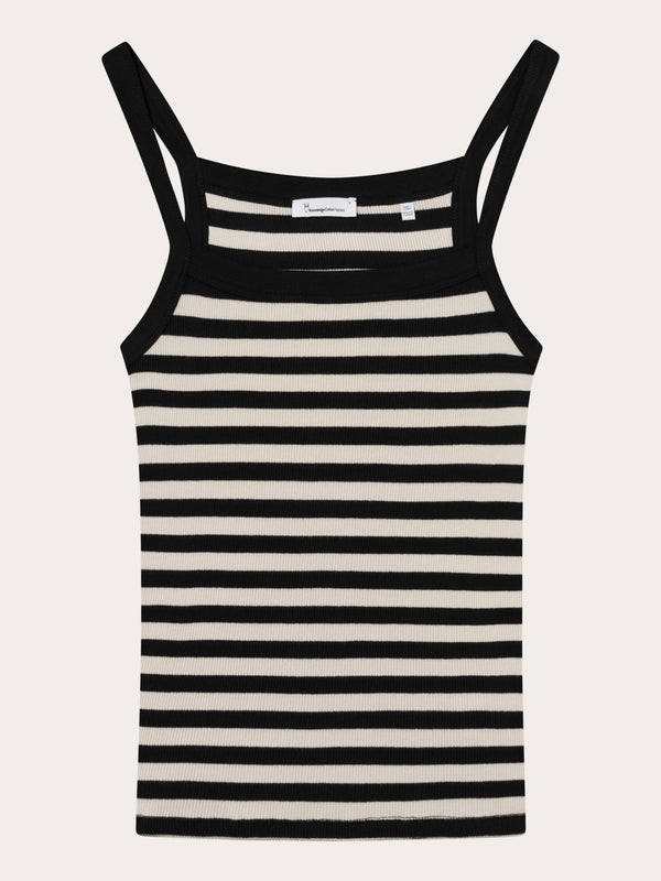 KnowledgeCotton Apparel - WMN Striped rib strap top T-shirts 8004 Stripe - black/white
