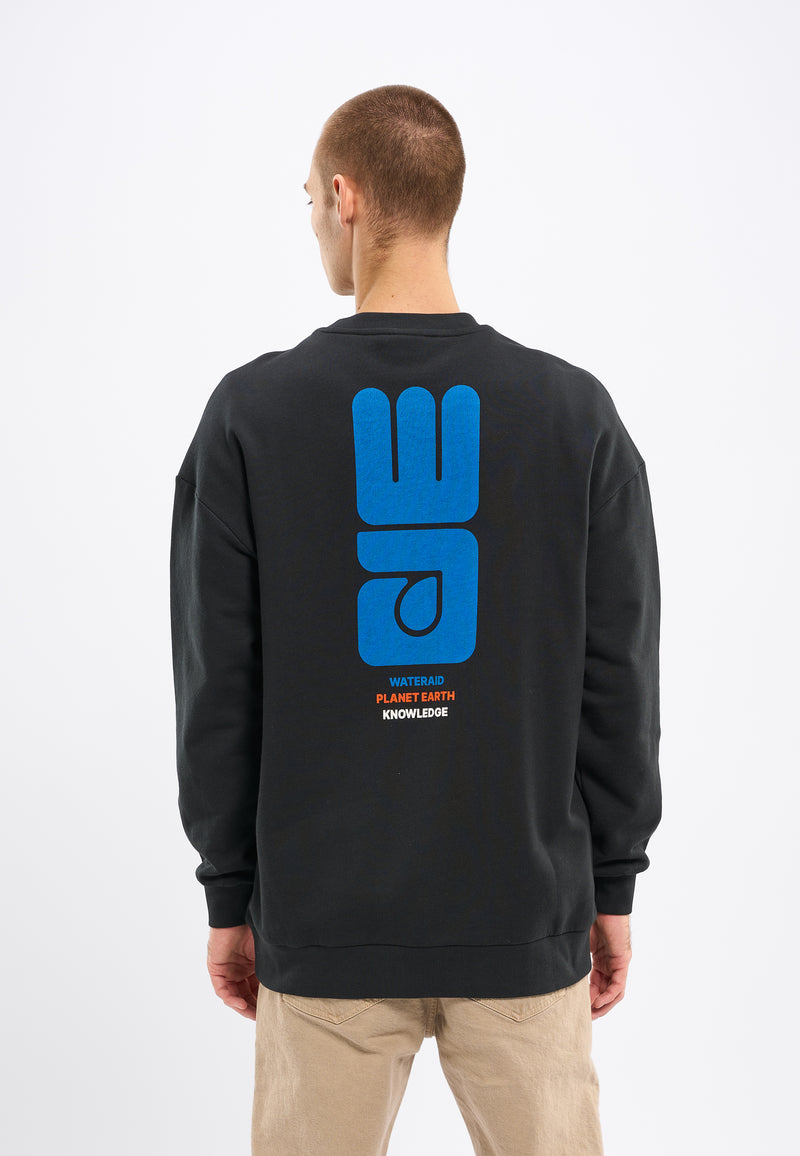 KnowledgeCotton Apparel - MEN WATERAID oversized crew neck sweat with front and back print Sweats 1300 Black Jet